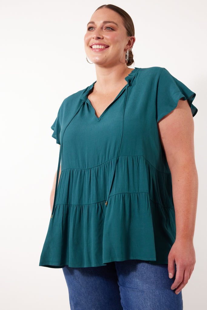 Botanical Tiered Top - Teal - Isle of Mine Clothing - Top Cap Sleeve