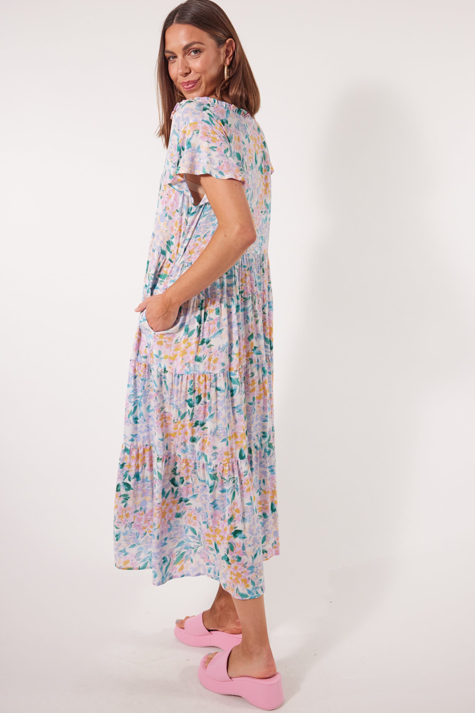 Botanical Tiered Dress - Salt Hydrangea - Isle of Mine Clothing - Dress Maxi