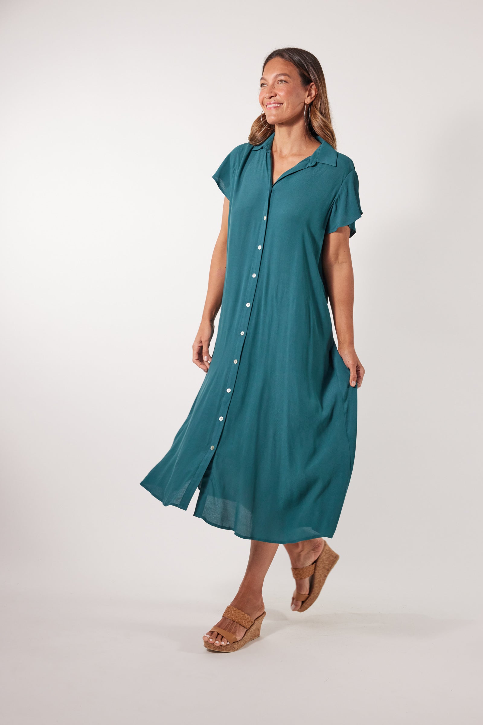 Botanical Shirt Dress - Teal - Isle of Mine Clothing - Dress Mid
