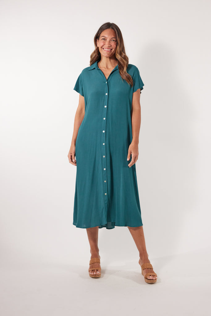 Botanical Shirt Dress - Teal - Isle of Mine Clothing - Dress Mid