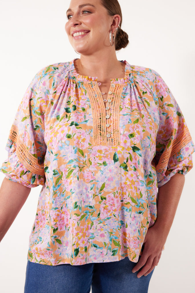 Flora Lace Top - Sunset Hydrangea - Isle of Mine Clothing - Top L/S Linen