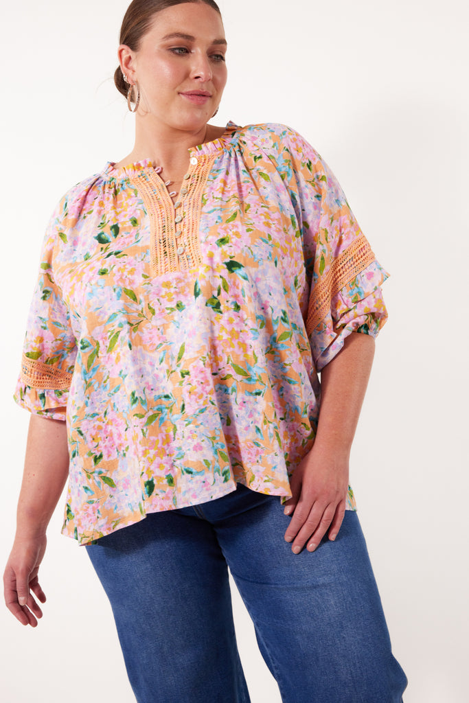 Flora Lace Top - Sunset Hydrangea - Isle of Mine Clothing - Top L/S Linen