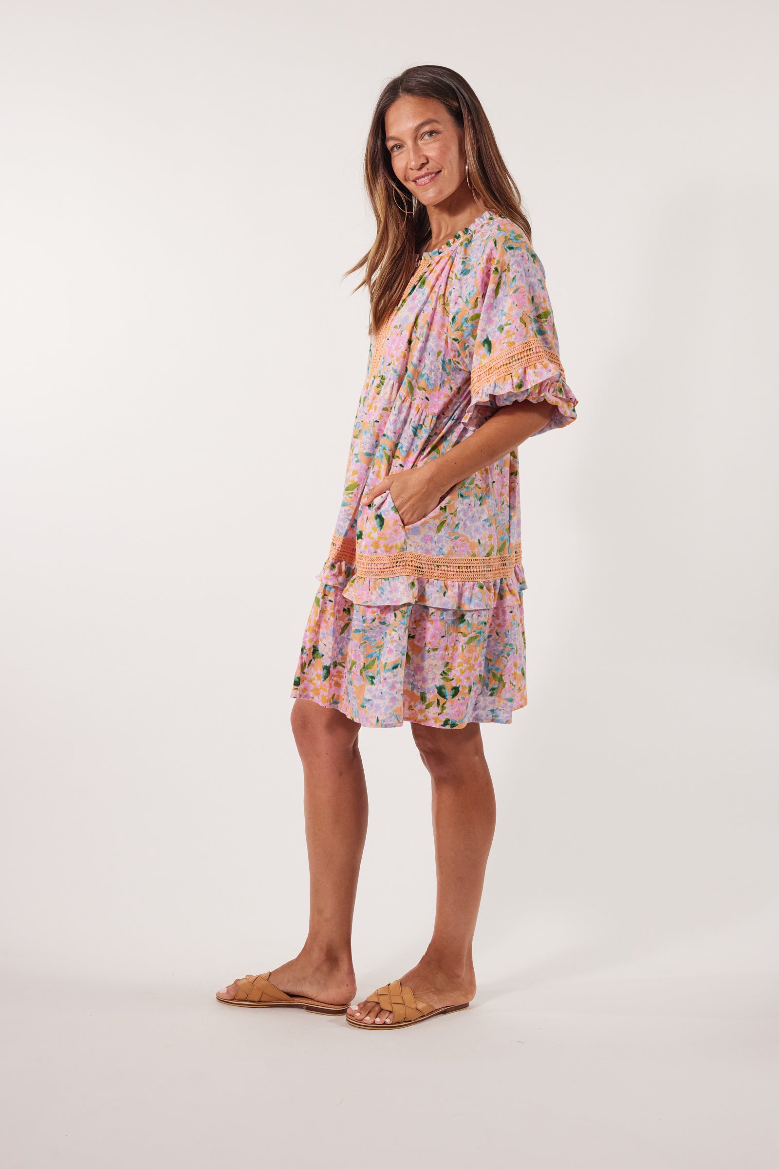 Flora Lace Dress - Sunset Hydrangea - Isle of Mine Clothing - Dress Mid Linen