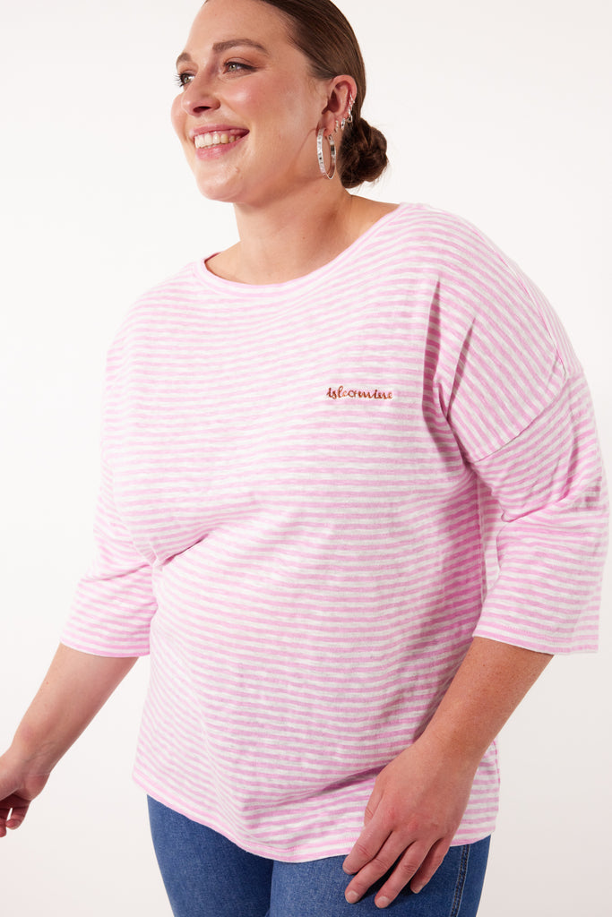 Tisane Stripe Tshirt - Peony - Isle of Mine Clothing - Top Tshirt 3/4 Sleeve
