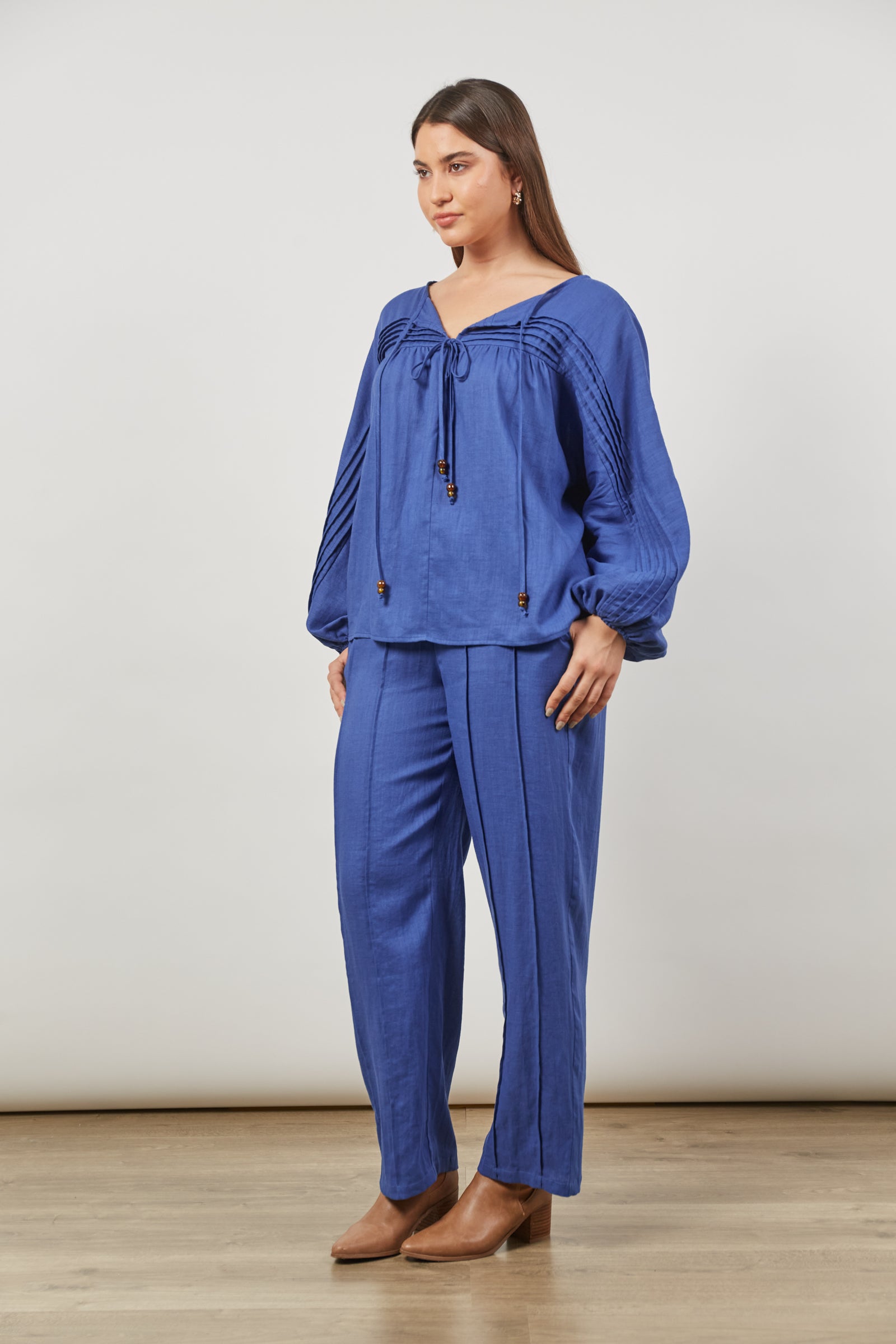 Panorama Tuck Blouse - Azure - Isle of Mine Clothing - Top L/S Linen