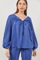 Panorama Tuck Blouse - Azure - Isle of Mine Clothing - Top L/S Linen