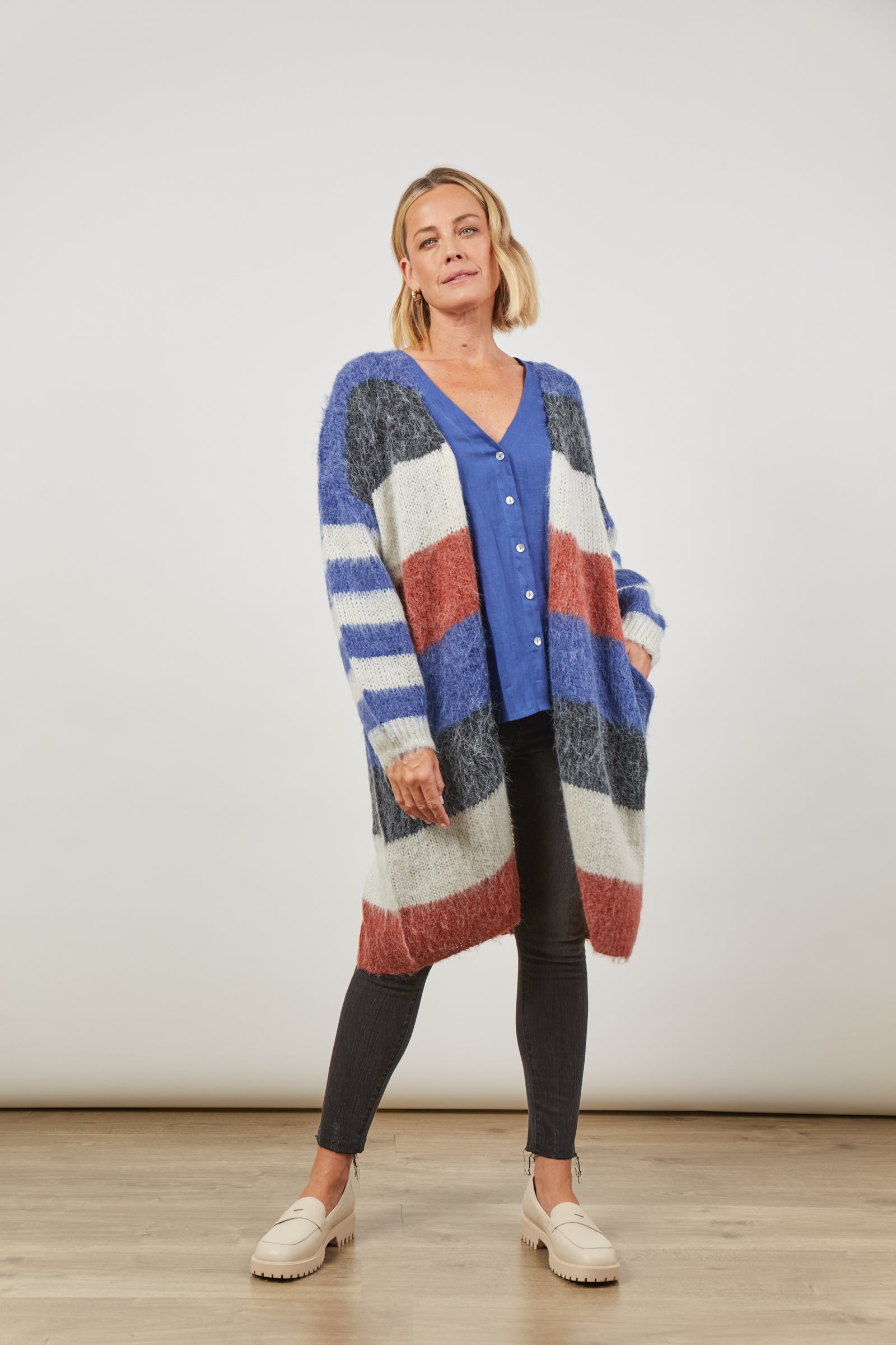 Serene Stripe Cardigan - Azure Stripe - Isle of Mine Clothing - Knit Cardigan Long One Size