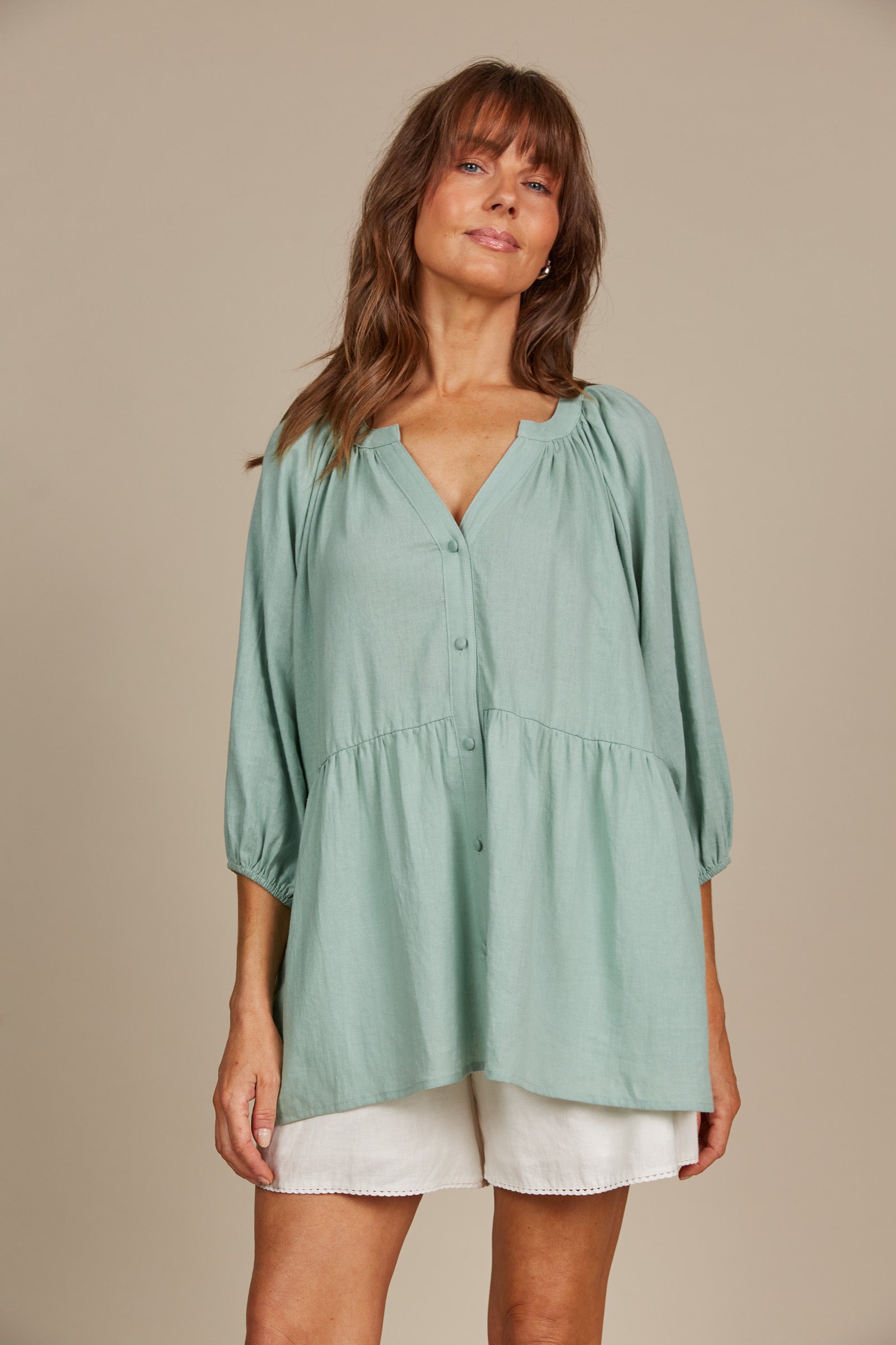 Amelie Button Top - Seafoam - Isle of Mine Clothing - Top S/S Linen One Size