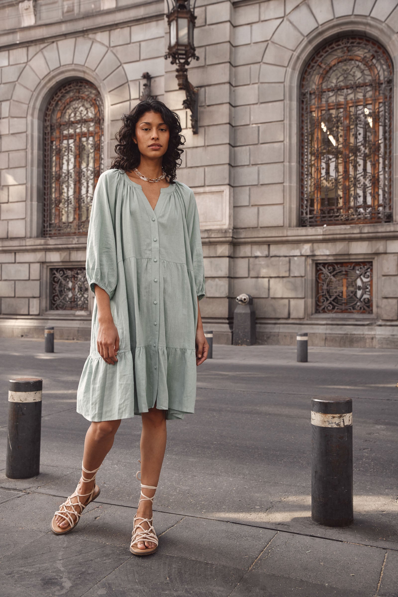 Amelie Button Dress - Seafoam - Isle of Mine Clothing - Dress Mid One Size Linen