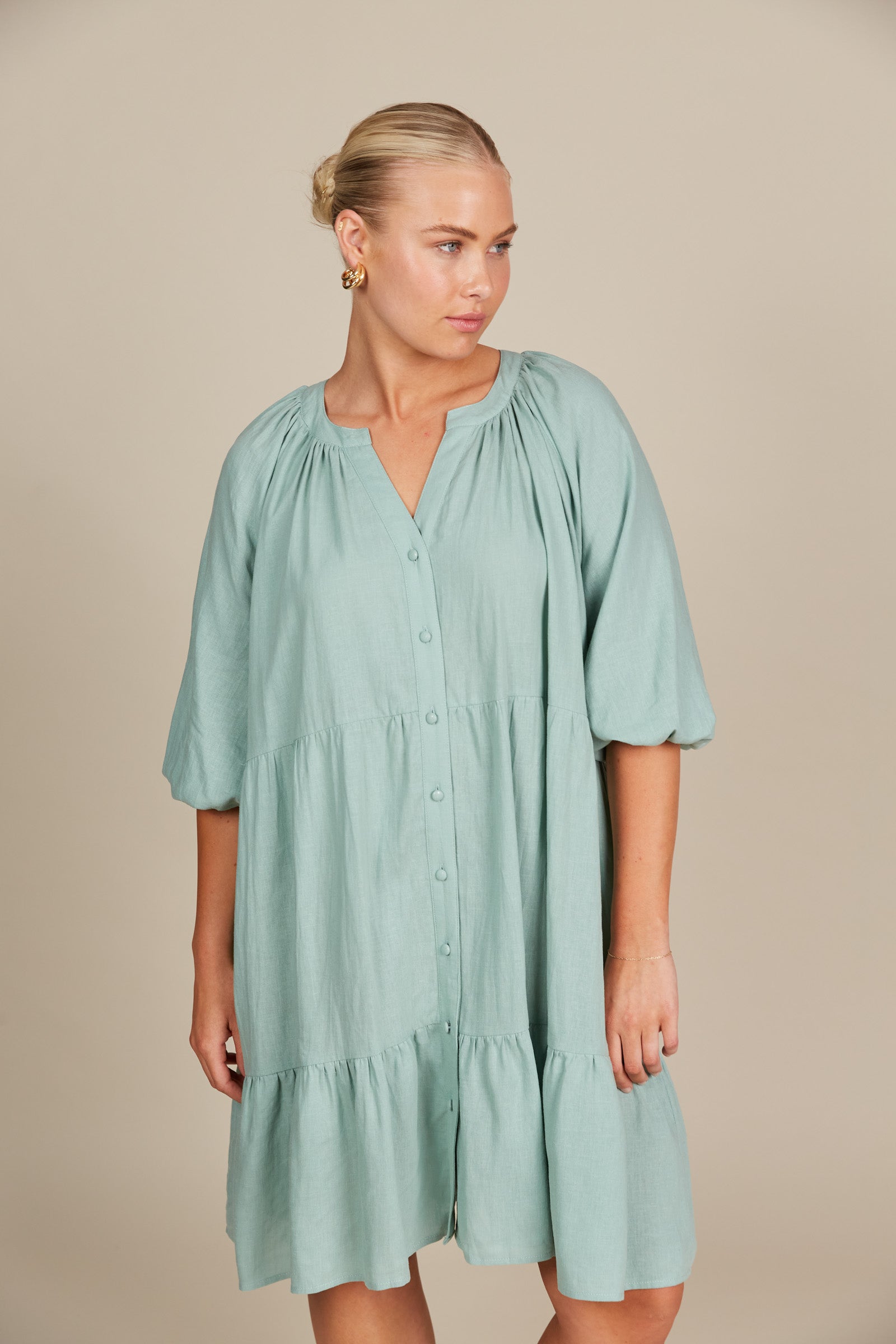 Amelie Button Dress - Seafoam - Isle of Mine Clothing - Dress Mid One Size Linen