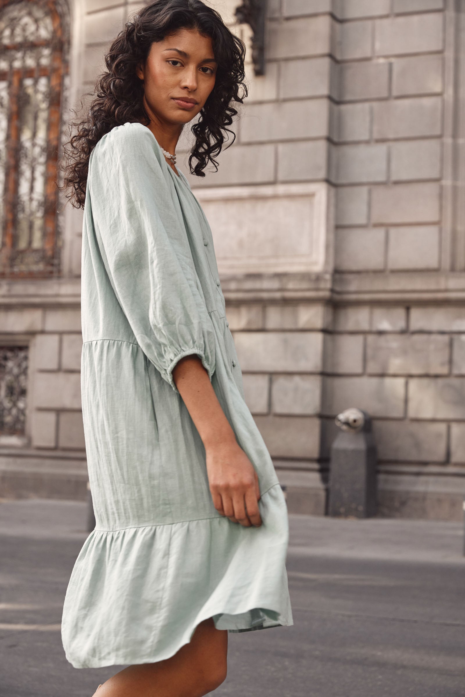 Amelie Button Dress - Seafoam - Isle of Mine Clothing - Dress Mid One Size Linen