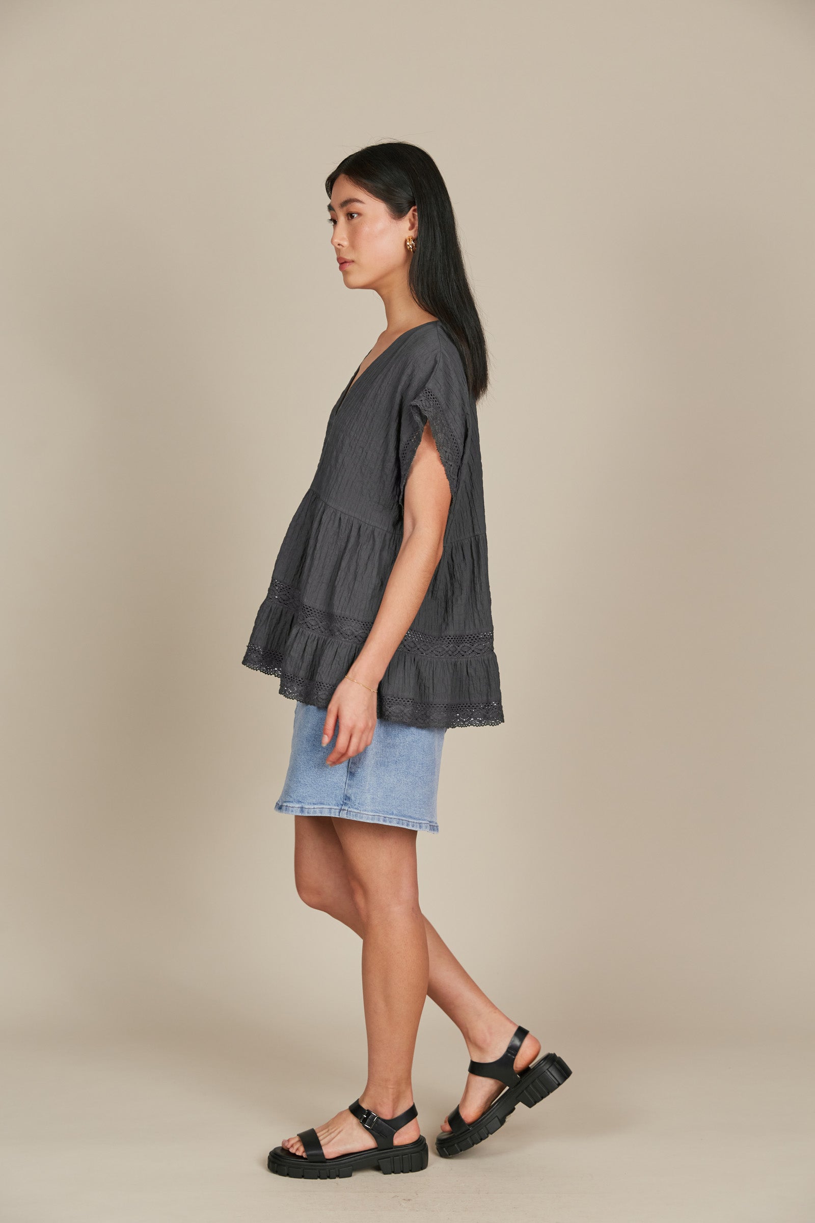 Fleur VNeck Top - Graphite - Isle of Mine Clothing - Top S/S