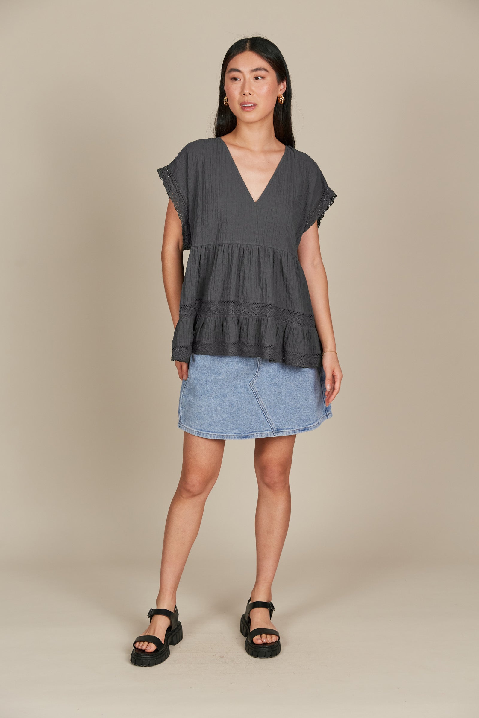 Fleur VNeck Top - Graphite - Isle of Mine Clothing - Top S/S