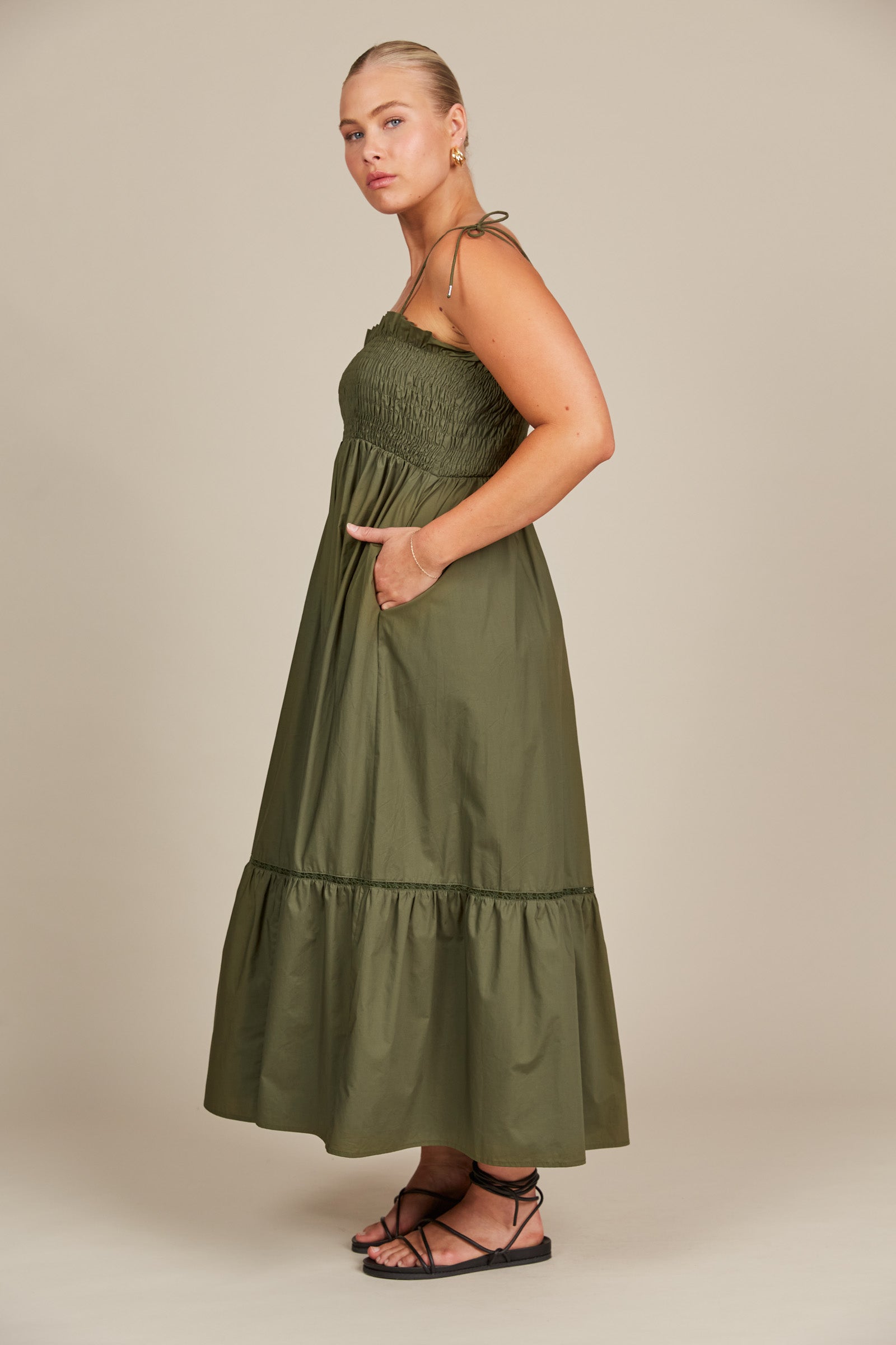 Remi Shirred Maxi - Olive - Isle of Mine Clothing - Dress Strappy Maxi