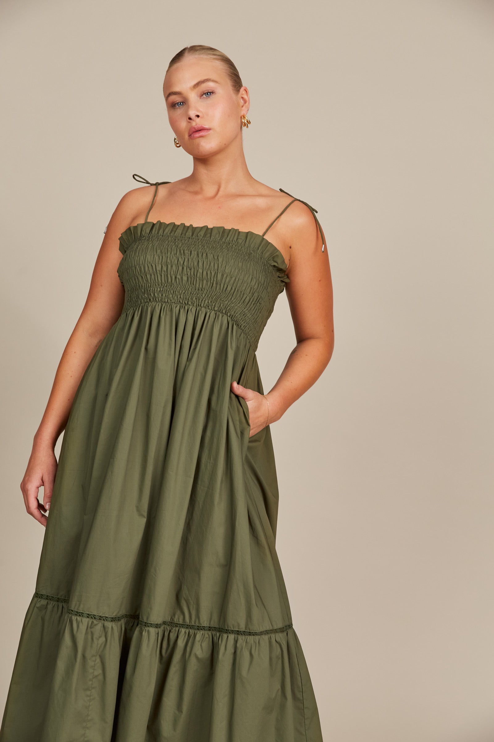 Remi Shirred Maxi - Olive - Isle of Mine Clothing - Dress Strappy Maxi