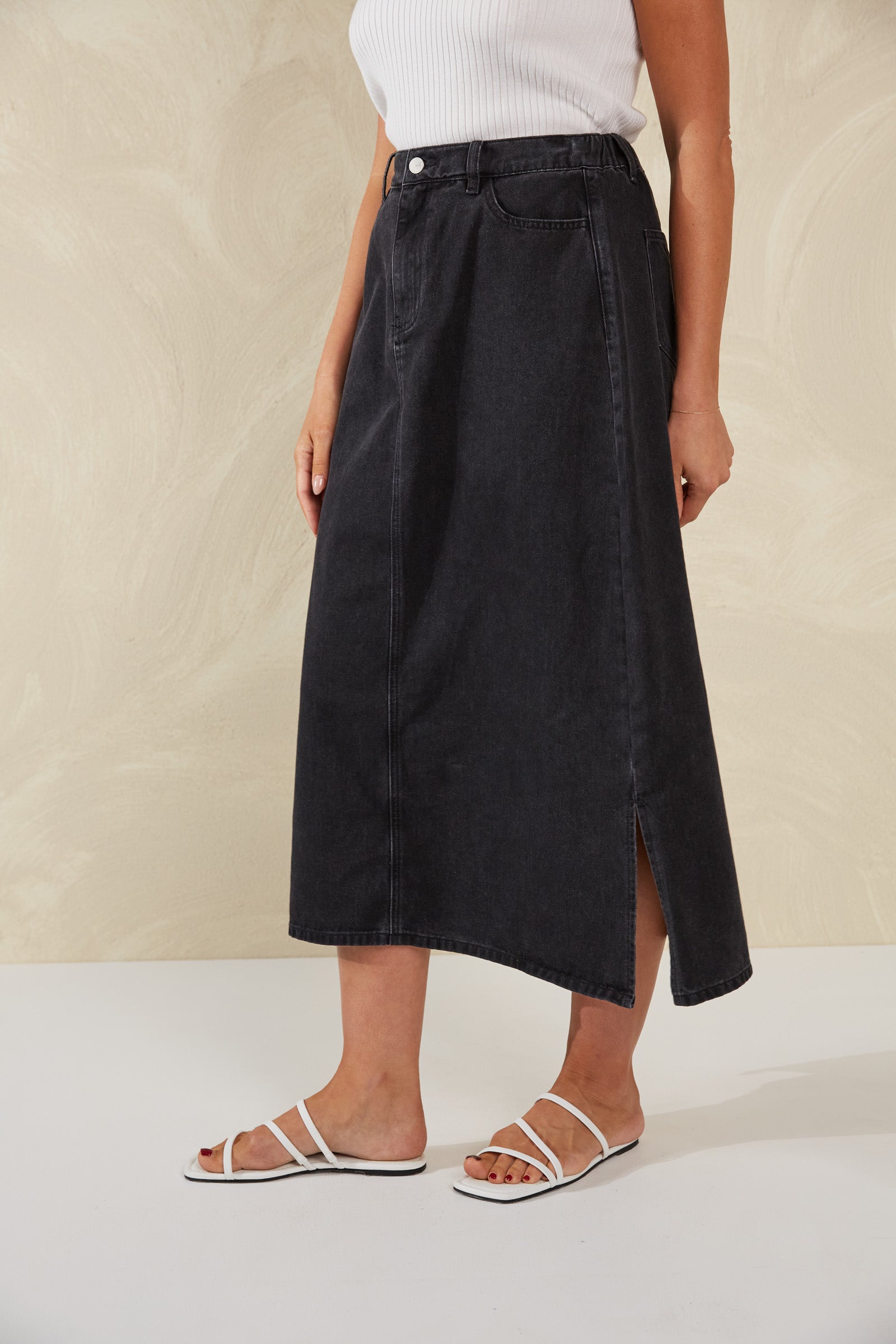 Dalton Denim Skirt - Slate - Isle of Mine Clothing - Denim Skirt Mid