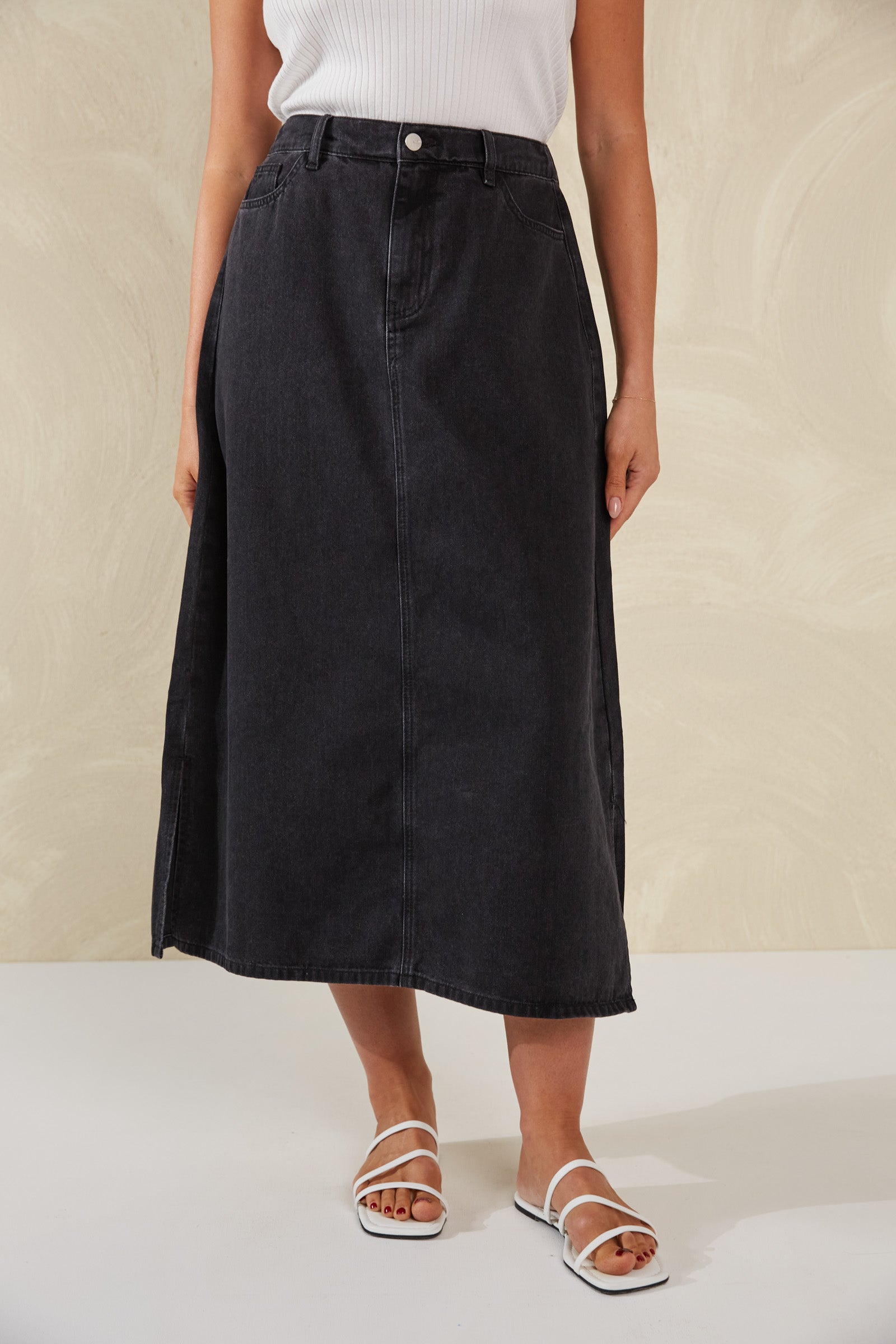 Dalton Denim Skirt - Slate - Isle of Mine Clothing - Denim Skirt Mid