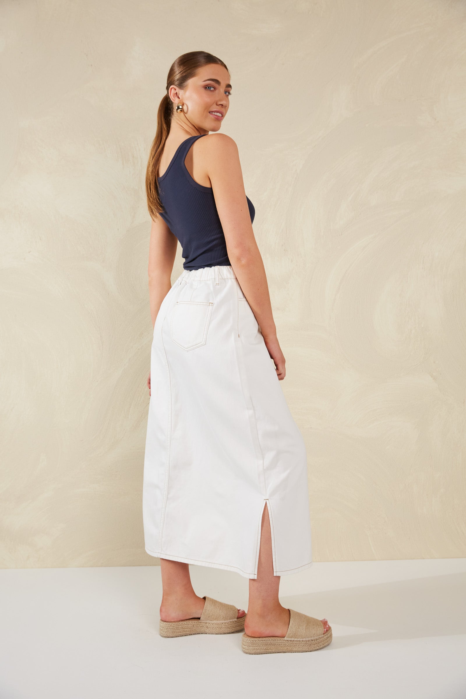 Dalton Denim Skirt - White - Isle of Mine Clothing - Denim Skirt Mid