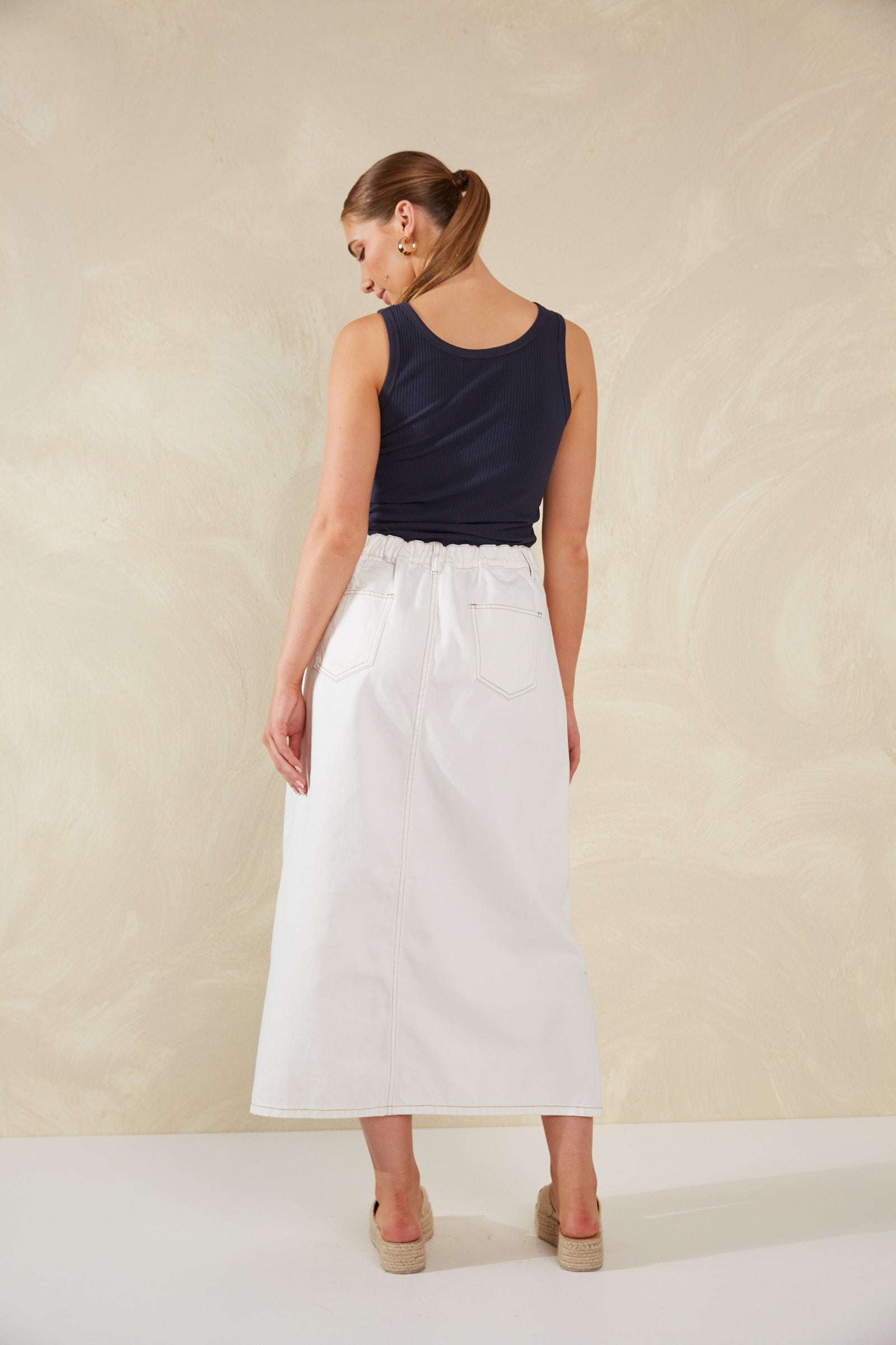 Dalton Denim Skirt - White - Isle of Mine Clothing - Denim Skirt Mid