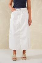 Dalton Denim Skirt - White - Isle of Mine Clothing - Denim Skirt Mid