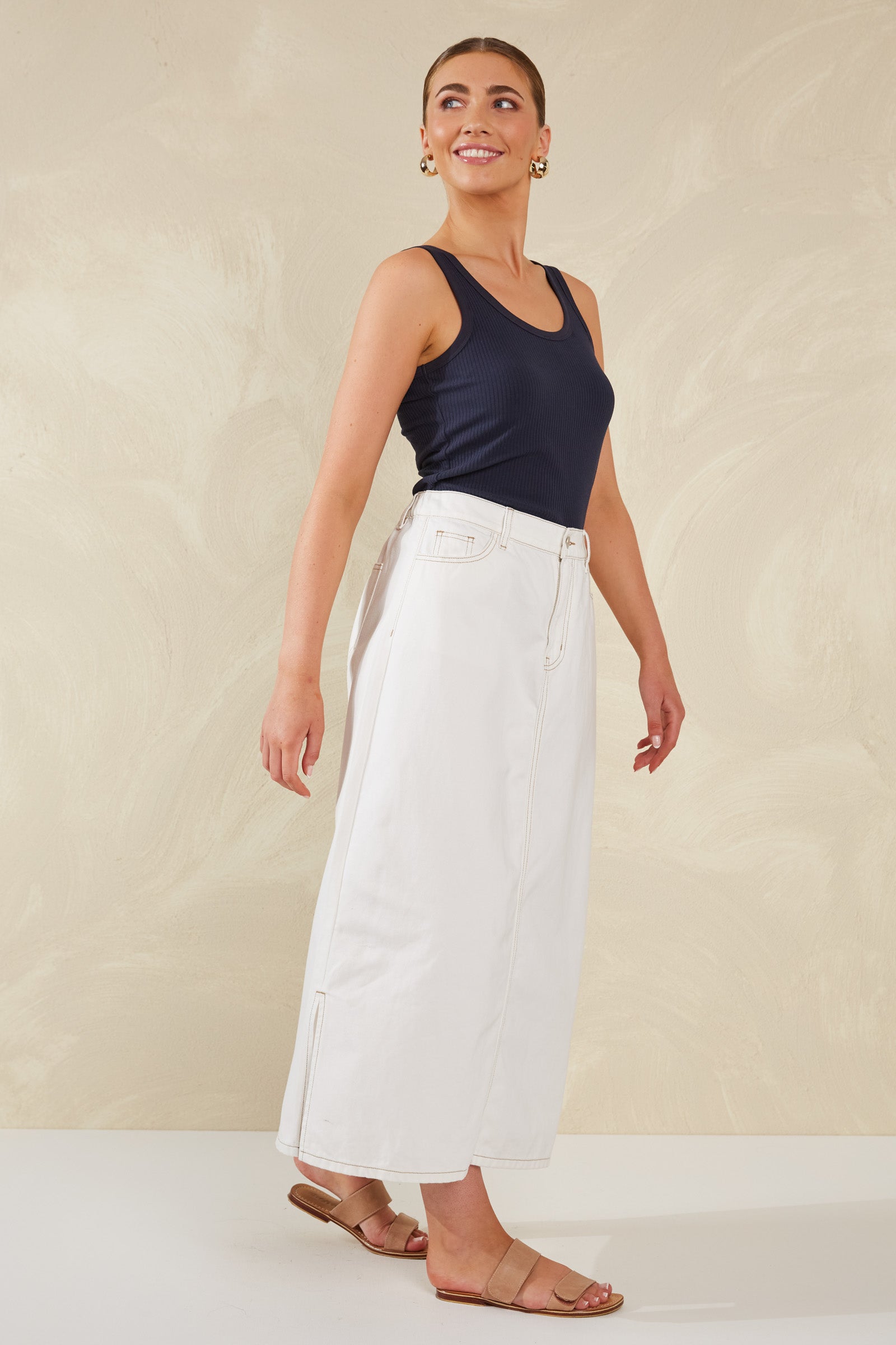 Dalton Denim Skirt - White - Isle of Mine Clothing - Denim Skirt Mid