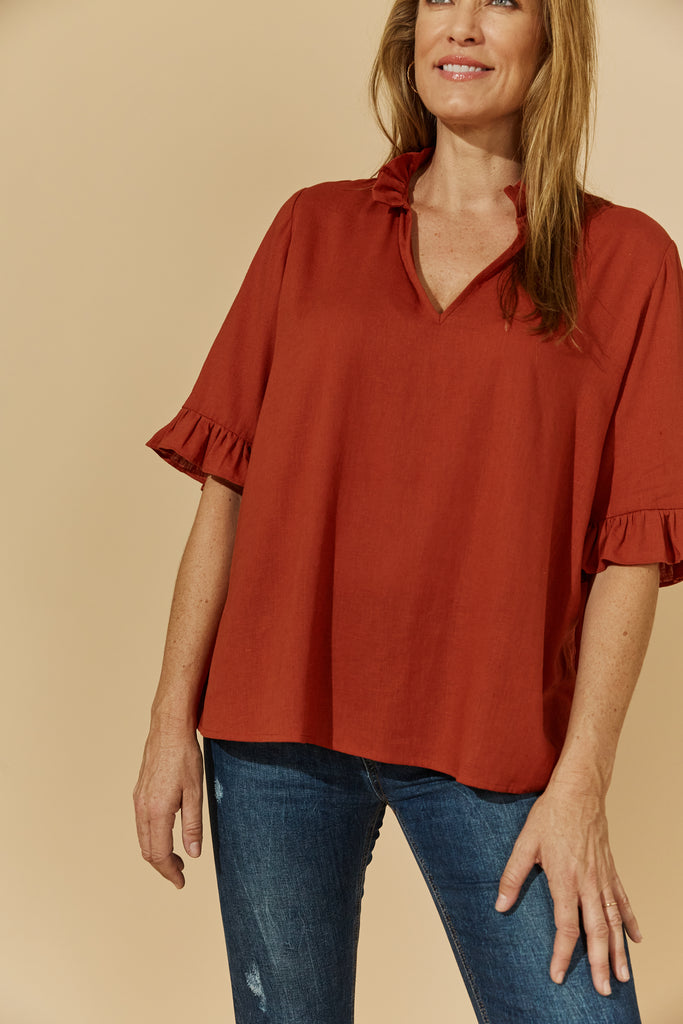 Honour Frill Shirt - Rust - Isle of Mine Clothing - Top 3/4 Sleeve Linen